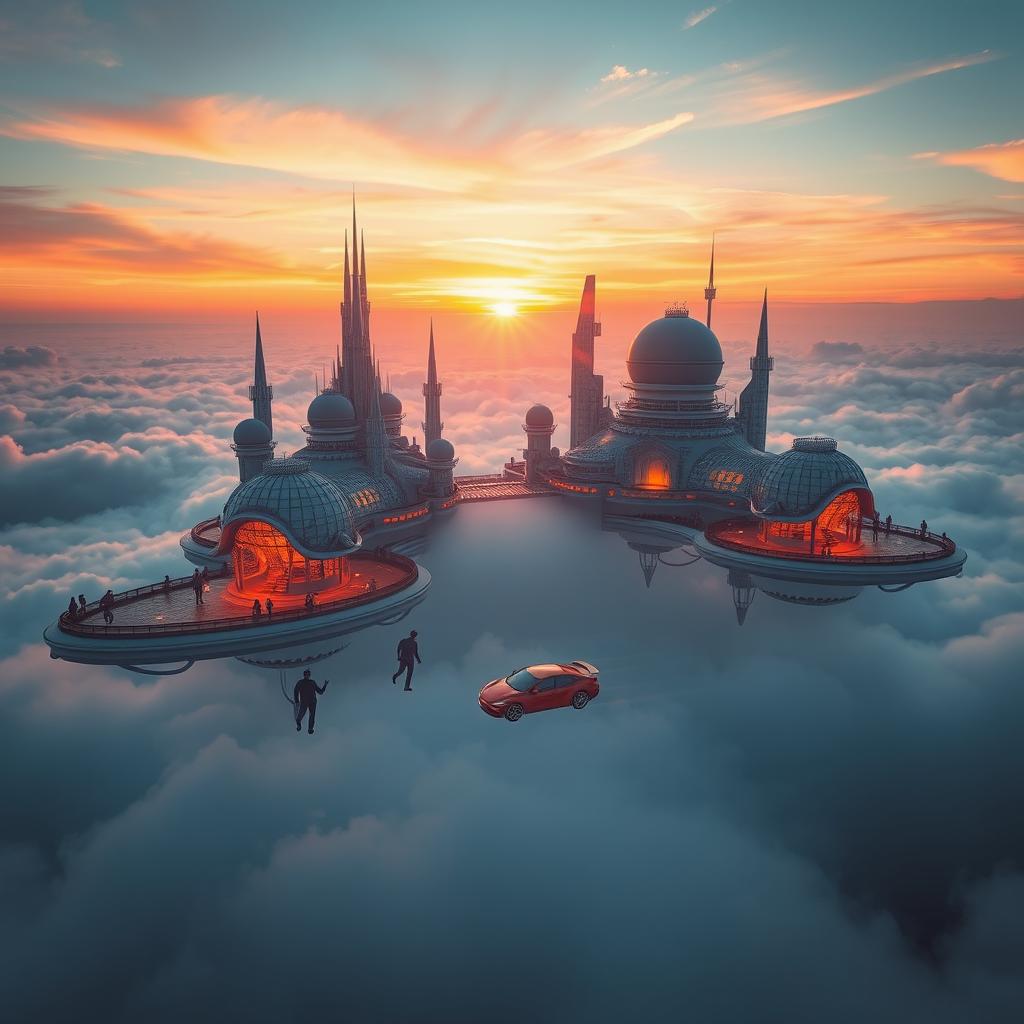 floating city in the clouds with futuristic architecture, surrounded by a vibrant sunset sky, with flying cars and people walking on elevated platforms