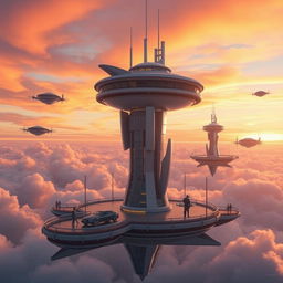 floating city in the clouds with futuristic architecture, surrounded by a vibrant sunset sky, with flying cars and people walking on elevated platforms