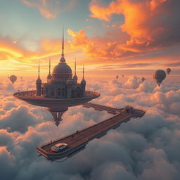 floating city in the clouds with futuristic architecture, surrounded by a vibrant sunset sky, with flying cars and people walking on elevated platforms