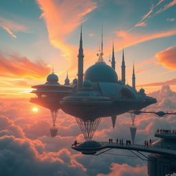 floating city in the clouds with futuristic architecture, surrounded by a vibrant sunset sky, with flying cars and people walking on elevated platforms