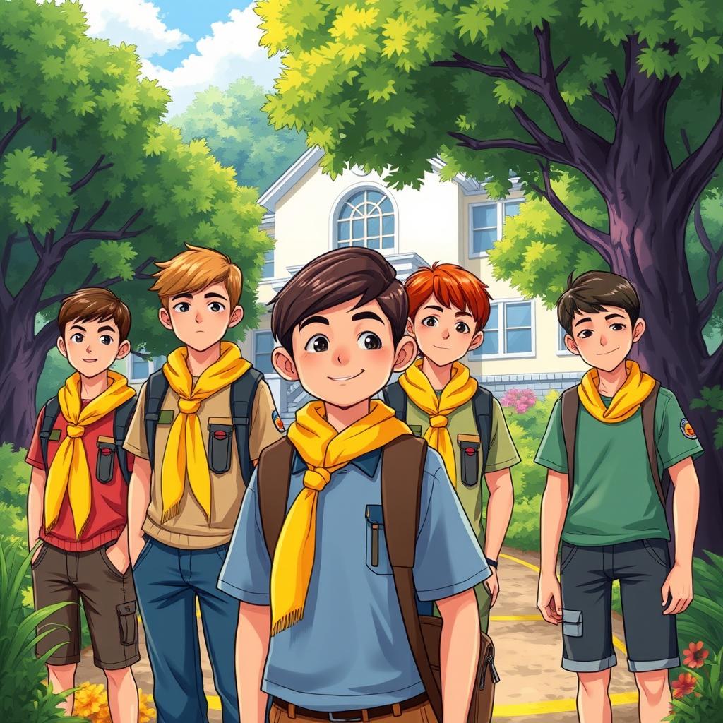 A vibrant illustration of a school surrounded by lush, green trees and natural elements