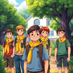 A vibrant illustration of a school surrounded by lush, green trees and natural elements