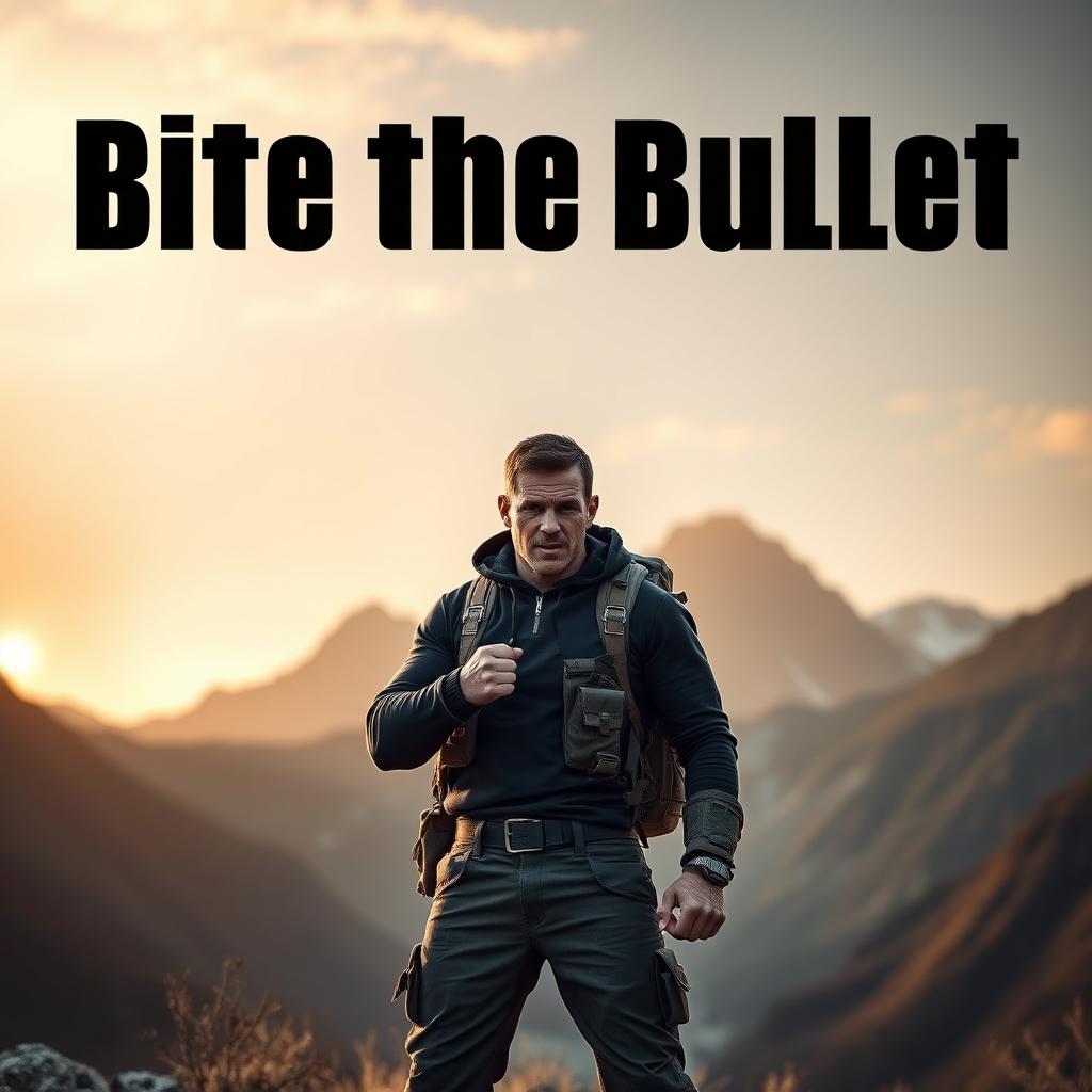 A symbolic portrayal of the phrase 'bite the bullet,' featuring a courageous individual standing resolutely in front of a daunting challenge