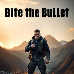 A symbolic portrayal of the phrase 'bite the bullet,' featuring a courageous individual standing resolutely in front of a daunting challenge