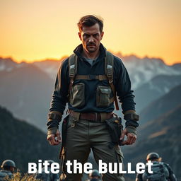 A symbolic portrayal of the phrase 'bite the bullet,' featuring a courageous individual standing resolutely in front of a daunting challenge