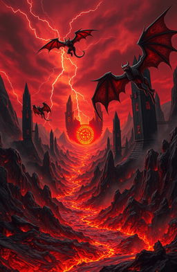 A vast demonic realm, filled with jagged volcanic mountains and rivers of molten lava