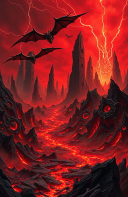 A vast demonic realm, filled with jagged volcanic mountains and rivers of molten lava