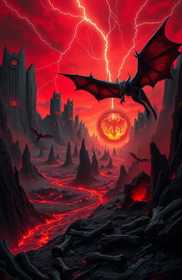 A vast demonic realm, filled with jagged volcanic mountains and rivers of molten lava