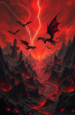 A vast demonic realm, filled with jagged volcanic mountains and rivers of molten lava