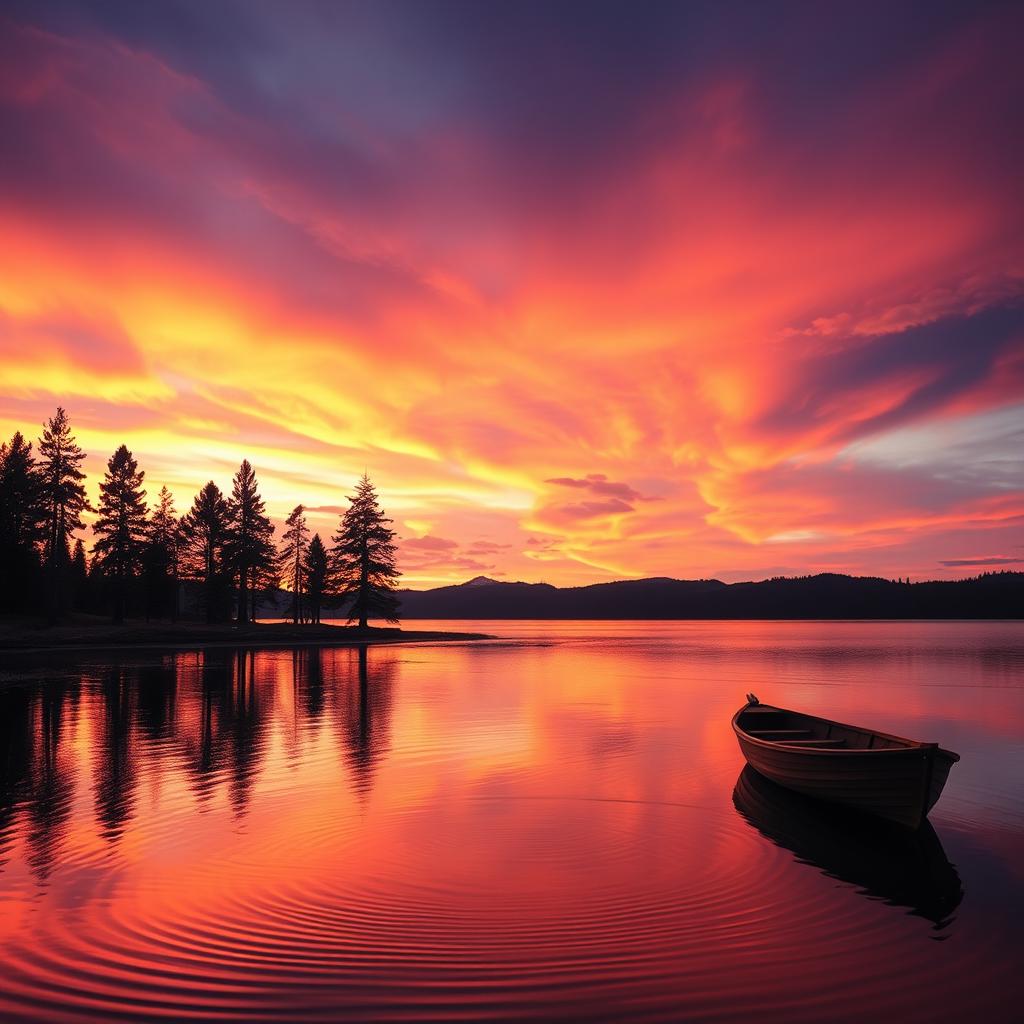 A vibrant sunset over a tranquil lake, where the sky is ablaze with hues of orange, pink, and purple, reflecting on the calm waters