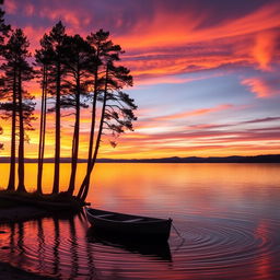 A vibrant sunset over a tranquil lake, where the sky is ablaze with hues of orange, pink, and purple, reflecting on the calm waters