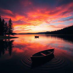 A vibrant sunset over a tranquil lake, where the sky is ablaze with hues of orange, pink, and purple, reflecting on the calm waters