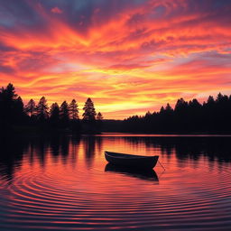 A vibrant sunset over a tranquil lake, where the sky is ablaze with hues of orange, pink, and purple, reflecting on the calm waters