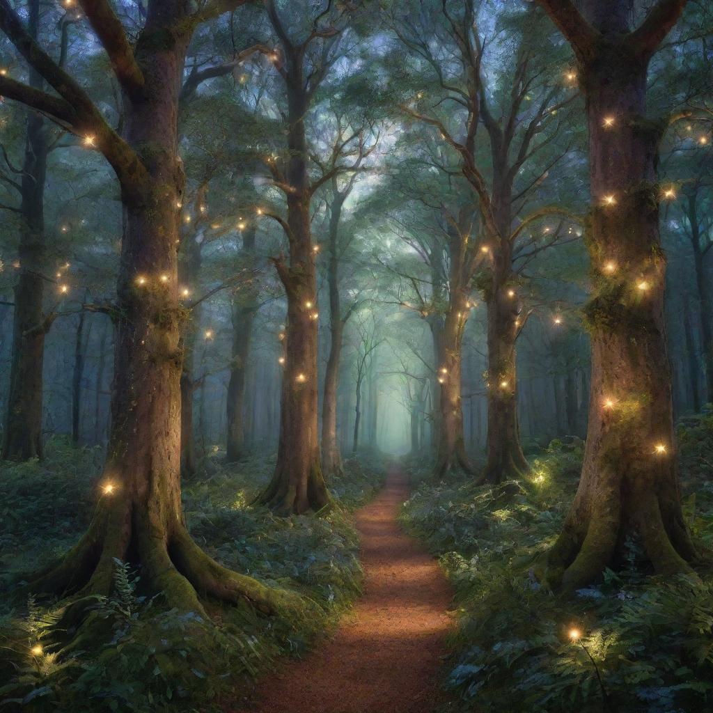 Generate an image of an enchanted forest at dusk with luminescent flora and fauna illuminating the path. The ethereal light bathes the ancient towering trees in a dreamy glow surrounded by a tranquil, star-speckled sky.