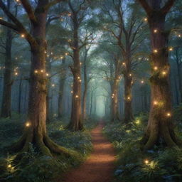 Generate an image of an enchanted forest at dusk with luminescent flora and fauna illuminating the path. The ethereal light bathes the ancient towering trees in a dreamy glow surrounded by a tranquil, star-speckled sky.