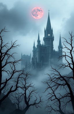 A dark and ominous castle towering over a mist-shrouded landscape in a horror fantasy world