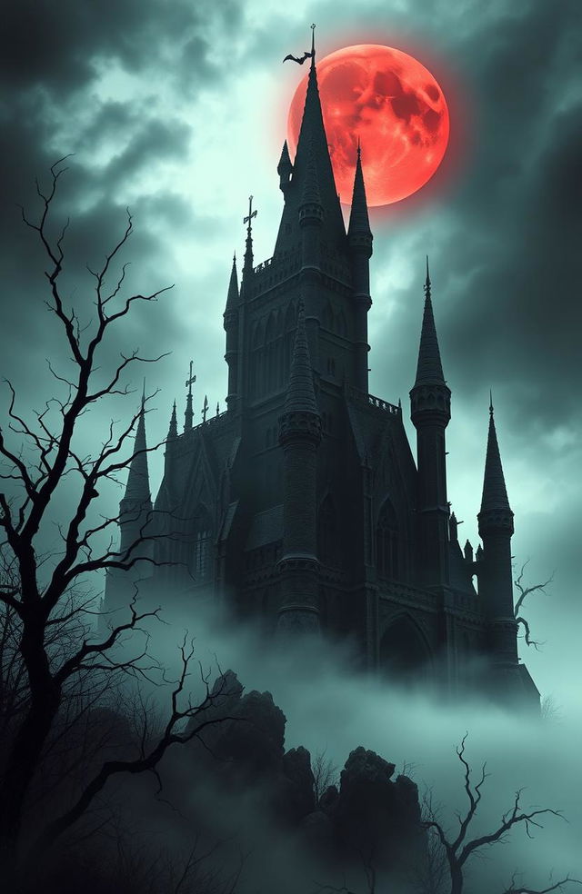 A dark and ominous castle towering over a mist-shrouded landscape in a horror fantasy world