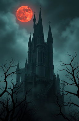 A dark and ominous castle towering over a mist-shrouded landscape in a horror fantasy world