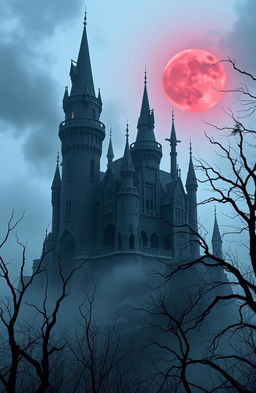 A dark and ominous castle towering over a mist-shrouded landscape in a horror fantasy world