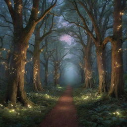 Generate an image of an enchanted forest at dusk with luminescent flora and fauna illuminating the path. The ethereal light bathes the ancient towering trees in a dreamy glow surrounded by a tranquil, star-speckled sky.