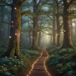 Generate an image of an enchanted forest at dusk with luminescent flora and fauna illuminating the path. The ethereal light bathes the ancient towering trees in a dreamy glow surrounded by a tranquil, star-speckled sky.