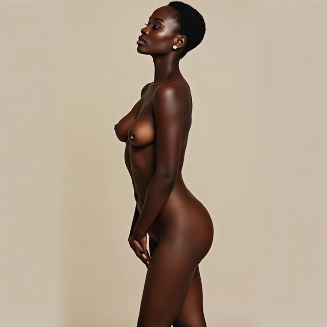 A tasteful full body depiction of a Kenyan woman in an artistic nude study, highlighting her natural beauty and confident presence