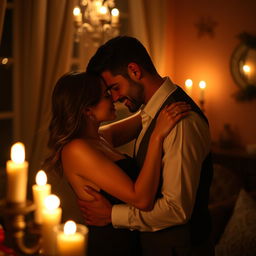 A couple engaging in a passionate encounter, surrounded by dim candlelight in a cozy room filled with the scent of roses