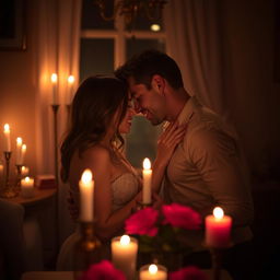 A couple engaging in a passionate encounter, surrounded by dim candlelight in a cozy room filled with the scent of roses