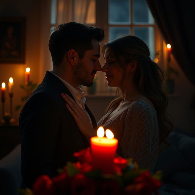 A couple engaging in a passionate encounter, surrounded by dim candlelight in a cozy room filled with the scent of roses