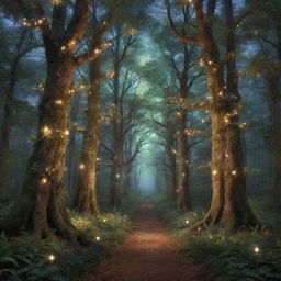 Generate an image of an enchanted forest at dusk with luminescent flora and fauna illuminating the path. The ethereal light bathes the ancient towering trees in a dreamy glow surrounded by a tranquil, star-speckled sky.