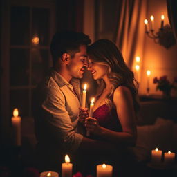 A couple engaging in a passionate encounter, surrounded by dim candlelight in a cozy room filled with the scent of roses