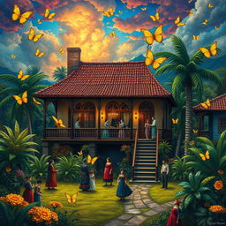 A magical realist depiction inspired by Gabriel Garcia Marquez's 'One Hundred Years of Solitude', featuring the Buendía family home in the fictional town of Macondo