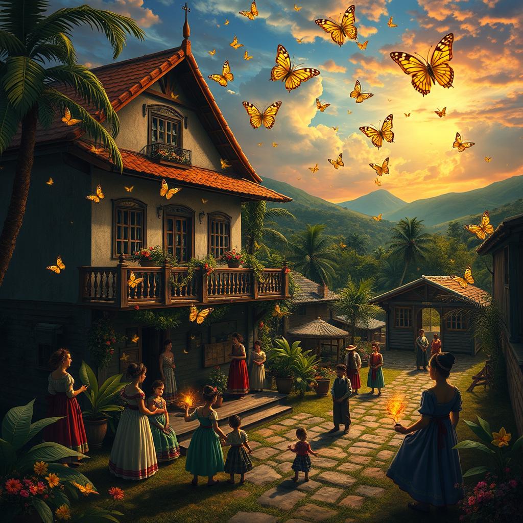 A magical realist depiction inspired by Gabriel Garcia Marquez's 'One Hundred Years of Solitude', featuring the Buendía family home in the fictional town of Macondo