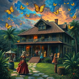 A magical realist depiction inspired by Gabriel Garcia Marquez's 'One Hundred Years of Solitude', featuring the Buendía family home in the fictional town of Macondo