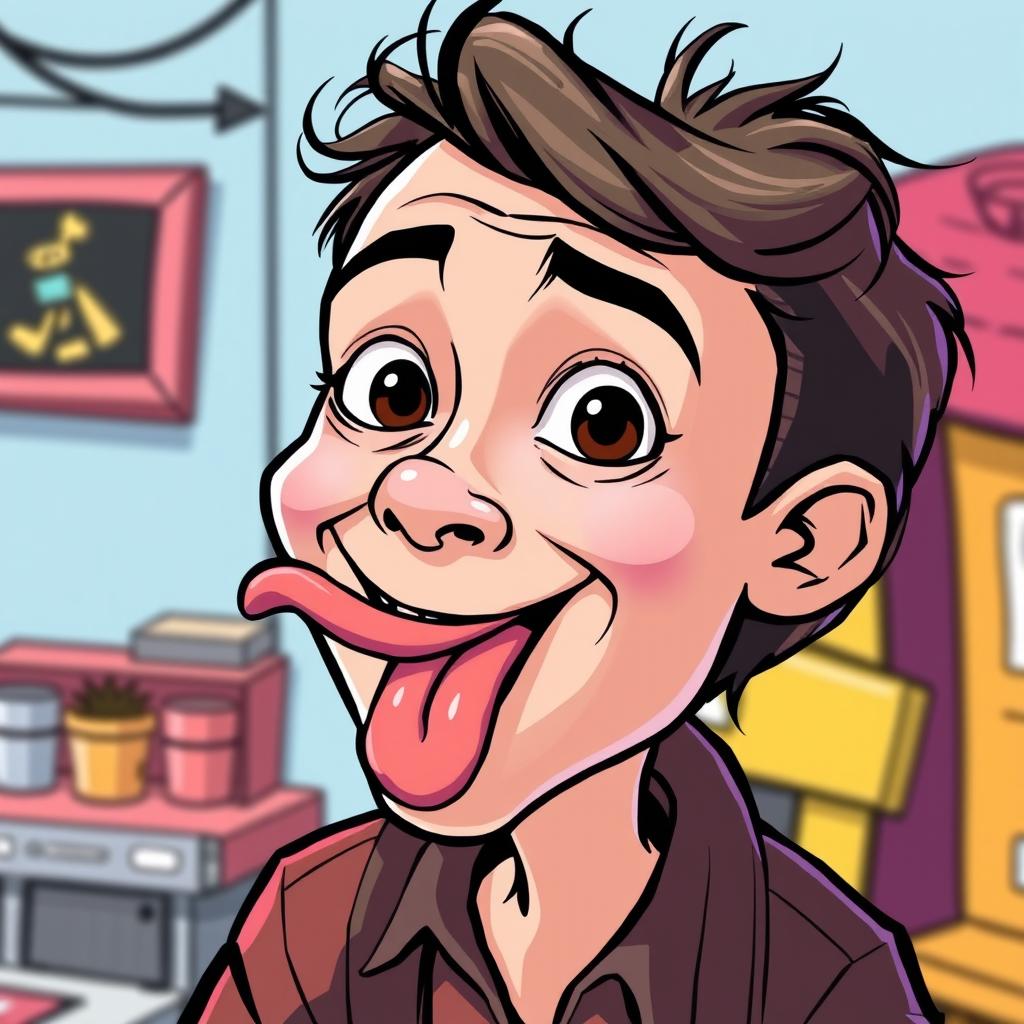 A humorous cartoon of a person comically exaggerated, playfully sticking out their tongue