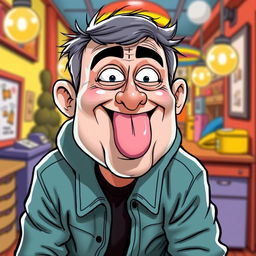 A humorous cartoon of a person comically exaggerated, playfully sticking out their tongue