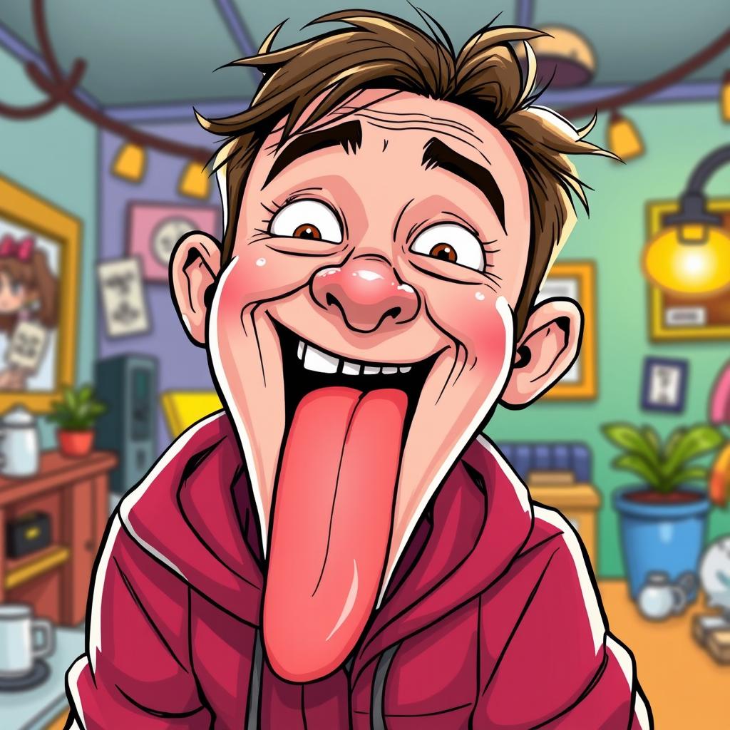 A humorous cartoon of a person comically exaggerated, playfully sticking out their tongue