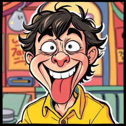 A humorous cartoon of a person comically exaggerated, playfully sticking out their tongue