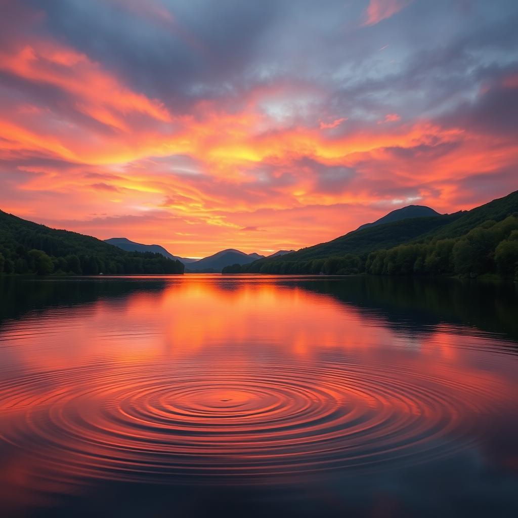 A serene and tranquil landscape showcasing a beautiful lake at sunset