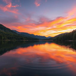 A serene and tranquil landscape showcasing a beautiful lake at sunset