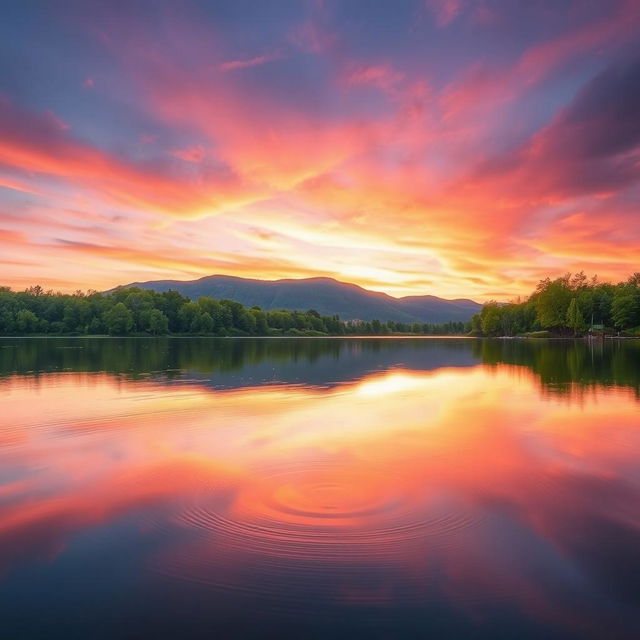 A serene and tranquil landscape showcasing a beautiful lake at sunset