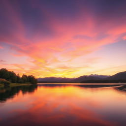 A serene and tranquil landscape showcasing a beautiful lake at sunset