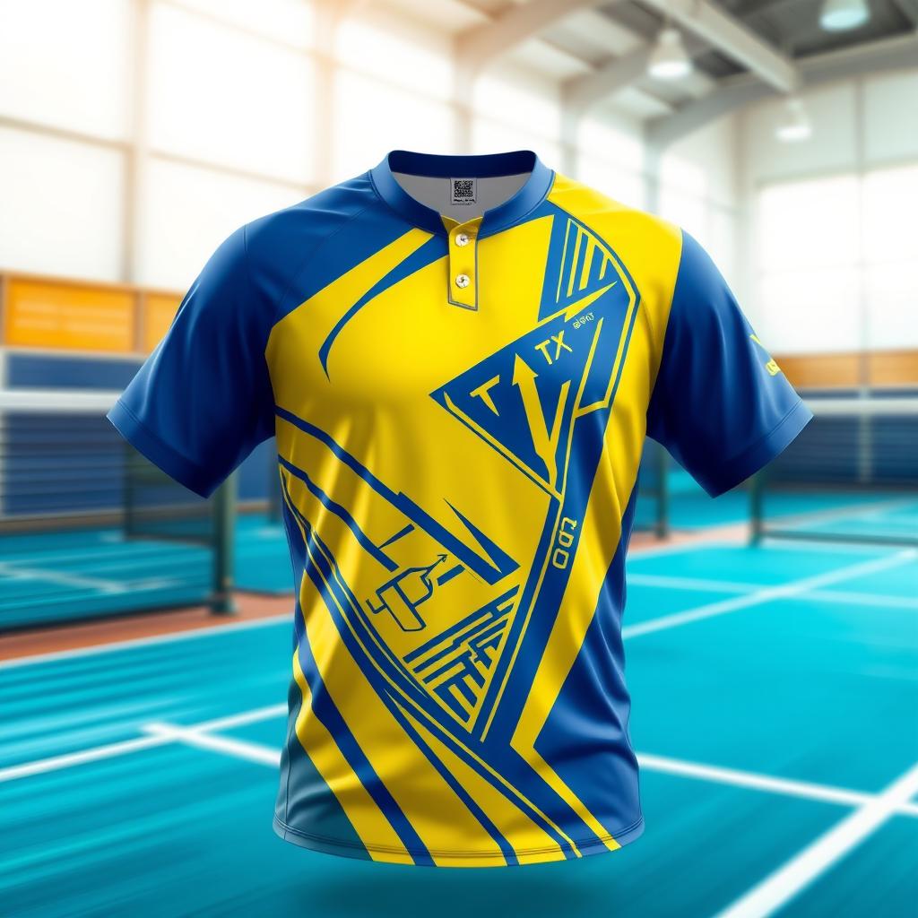 A stylish and vibrant badminton jersey design featuring dynamic patterns and elements symbolizing agility and speed