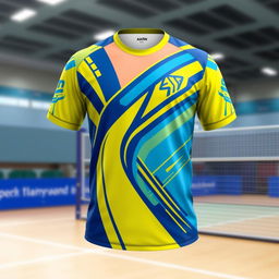 A stylish and vibrant badminton jersey design featuring dynamic patterns and elements symbolizing agility and speed