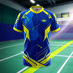 A stylish and vibrant badminton jersey design featuring dynamic patterns and elements symbolizing agility and speed