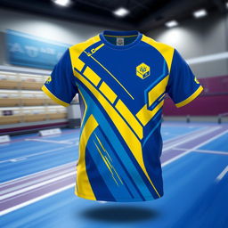 A stylish and vibrant badminton jersey design featuring dynamic patterns and elements symbolizing agility and speed