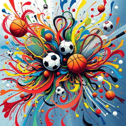 a dynamic and colorful abstract representation of sports chaos, featuring swirling patterns and shapes symbolizing various sports like basketball, soccer, and tennis