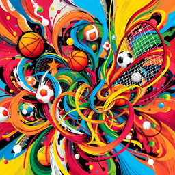 a dynamic and colorful abstract representation of sports chaos, featuring swirling patterns and shapes symbolizing various sports like basketball, soccer, and tennis