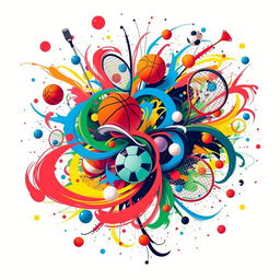 a dynamic and colorful abstract representation of sports chaos, featuring swirling patterns and shapes symbolizing various sports like basketball, soccer, and tennis