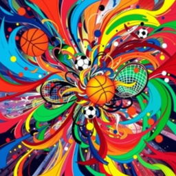 a dynamic and colorful abstract representation of sports chaos, featuring swirling patterns and shapes symbolizing various sports like basketball, soccer, and tennis